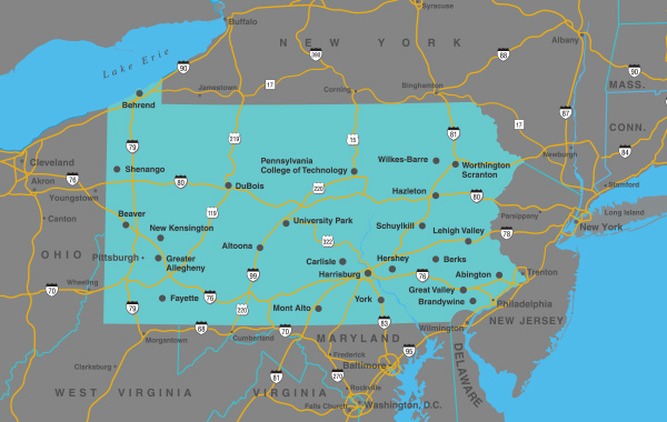 Commonwealth of Pennsylvania map showing locations of Penn State campuses